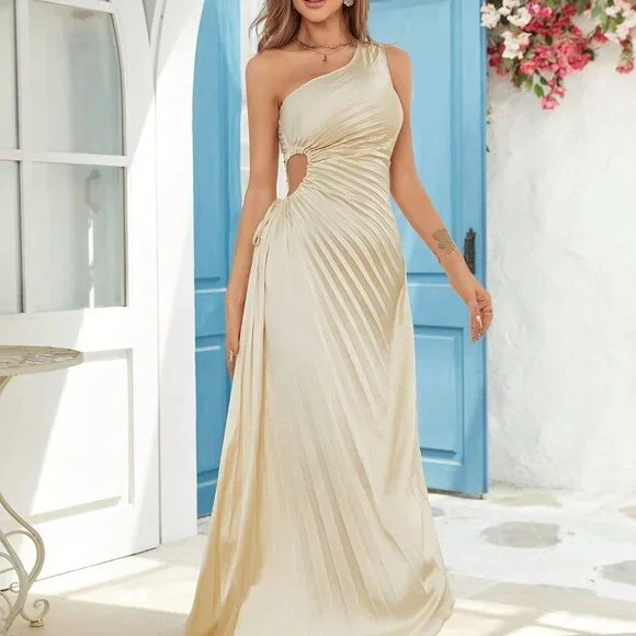 Biege Casual Womens One Shoulder Cut Out Irregular Hem Pleated Fall Dress - Picture 4 of 5